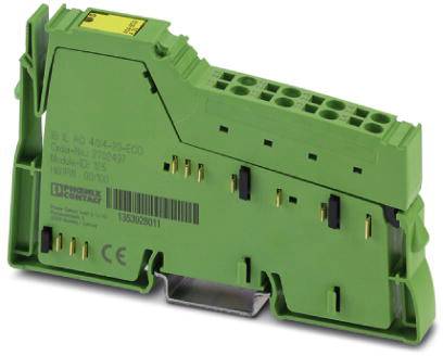 Elektronisches Gerät in grünem Gehäuse mit mehreren Steckplätzen und Anschlüssen, verwendet für industrielle Automatisierung.