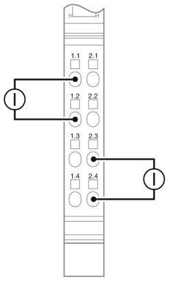 Diagramm einer elektrischen Schaltung: Vier nummerierte Tastenpaare 1.1 bis 1.4 und 2.1 bis 2.4 mit zwei Schaltungen, die zwei Paare verbinden.