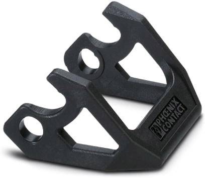 Schwarze Halterung mit zwei Lochöffnungen, von 'PHOENIX CONTACT'. Dient zur Befestigung oder Montage in technischen Anwendungen.