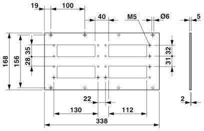 Technische Zeichnung einer rechteckigen Metallplatte mit Lochabständen und Abmessungen. Maße: 338x168 mm, Lochgröße Ø6 mm.