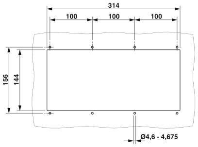 Technische Zeichnung eines rechteckigen Objekts mit Abmessungen: Breite 314 mm, Höhe 144 mm, Bohrungen Ø4,6–4,675 mm.