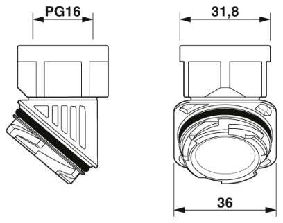 Technische Zeichnung eines Kabel-Verschraubungsadapters in zwei Ansichten mit Maßangaben: oben PG16, Breite 31,8 mm, Tiefe 36 mm.