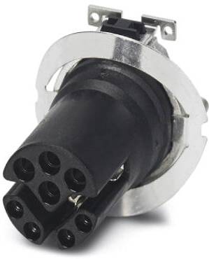 Ein schwarzer, runder Stecker mit mehreren Löchern, umgeben von einem silbernen Metallring. Oben zwei Anschlusspunkte sichtbar.