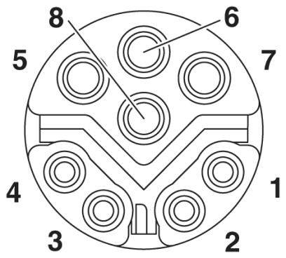 Schaltplan einer elektrischen Verbindung mit acht nummerierten Kontakten, die im Kreis angeordnet sind, hervorgehoben sind 8 und 6.