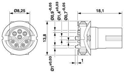 Technische Zeichnung eines Steckverbinders mit Abmessungen in Millimetern. Zeigt die Ansicht von vorne und von der Seite.