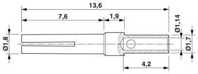 Technische Zeichnung eines Bauteils mit Abmessungen: Gesamtlänge 13,6 mm, Durchmesser 1,8 mm;  Details: 1,9 mm, 7,6 mm, 4,2 mm, 1,14 mm.