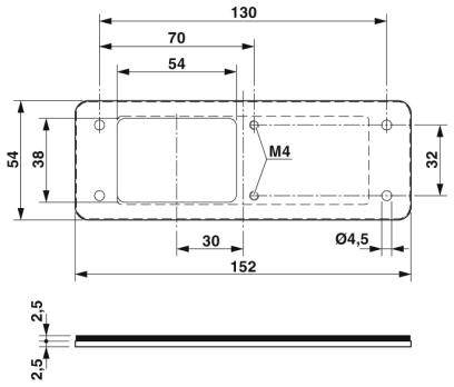 Technische Zeichnung: Rechteckige Metallplatte mit M4-Gewinde und Bohrungen. Maße: 130x38 mm, umfasst verschiedene Abstände und Durchmesser.