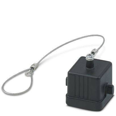 Schwarzes quadratisches Gehäuse mit Befestigungsdraht, zum Schutz oder zur Sicherung kleinerer Gegenstände.