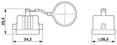 Technische Zeichnung eines elektrischen Bauteils mit Maßen: Höhe 29,4 mm, Breite 34,2 mm, Durchmesser 26,5 mm.
