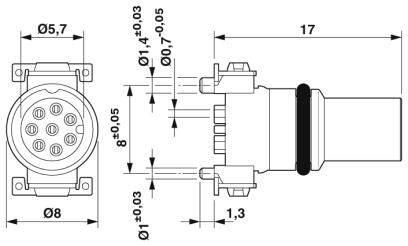 Technische Zeichnung eines Rundsteckers mit Maßen in Millimetern; frontal und seitlich dargestellt mit detaillierten Abmessungen.