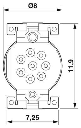 Technische Zeichnung eines runden Steckverbinders mit sieben Pins, Durchmesser 8 mm, Höhe 11,9 mm, Breite 7,25 mm.