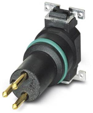 Schwarzer dreipoliger Steckverbinder mit goldfarbenen Kontaktstiften und grünem Dichtungsring, geeignet für elektrische Verbindungen.