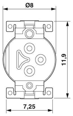 Technische Zeichnung eines runden Bauteils mit drei Bohrungen. Durchmesser beträgt 8 mm, Höhe 11,9 mm, Breite 7,25 mm.