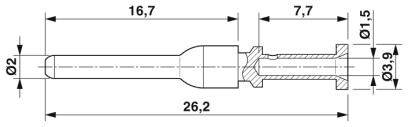 Technische Zeichnung eines Steckerstifts mit Maßen: Länge 26,2 mm, Durchmesser 2 mm, 3,9 mm und Details zu Konstruktion und Aufbau.