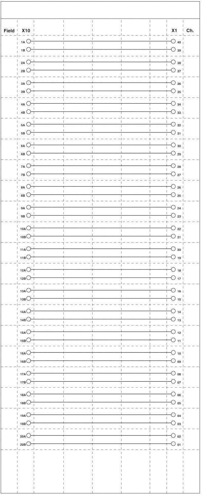 Formular mit mehreren Zeilen, jeweils mit Feldern für 'Field', 'X10', 'X2', 'Ch.', gefolgt von leeren Kästchen zum Ankreuzen.