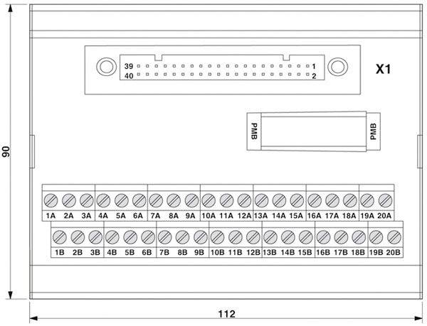 Schaltplan eines elektrischen Anschlusskastens mit Klemmenleisten und Steckverbindungen, Abmessungen 90x112 mm.