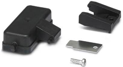 Ein schwarzes Kunststoffteil mit Metallplatte und Schraube, möglicherweise ein Bauteil oder Zubehörteil für technische Anwendungen.