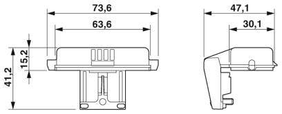 Technische Zeichnung eines elektrischen Bauteils mit Maßen: Breite 73,6 mm, Höhe 41,2 mm, Tiefe 47,1 mm. Seitliche und vordere Ansicht.