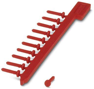 Roter Steckverbinder mit zehn Steckanschlüssen in einer Reihe und einem losen Steckstift daneben.
