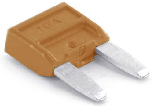 Eine orangefarbene Flachsicherung mit zwei Metallkontakten, verwendet zur Unterbrechung elektrischer Stromkreise bei Überlastung.