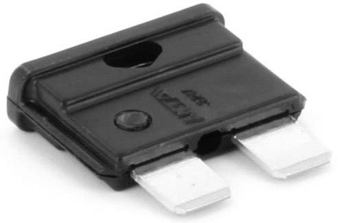 Eine schwarze Flachsicherung, typisch für elektronische Geräte, mit zwei Metallstiften und einer kleinen Öffnung in der Mitte.