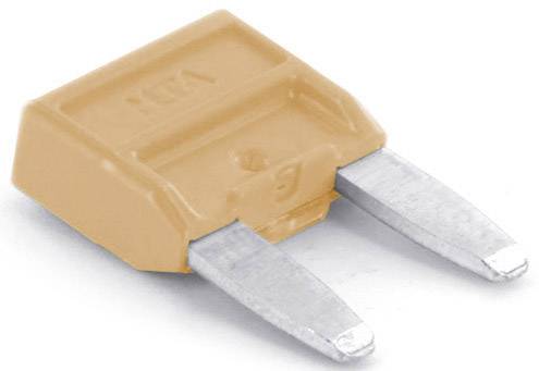 Eine orangefarbene Flachsicherung mit zwei metallischen Kontaktzungen, wie sie in elektrischen Geräten verwendet wird.