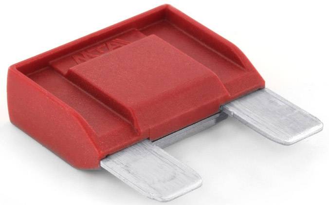 Rote Flachsicherung mit zwei Metallkontakten, verwendet zur Absicherung von elektrischen Stromkreisen in Fahrzeugen.