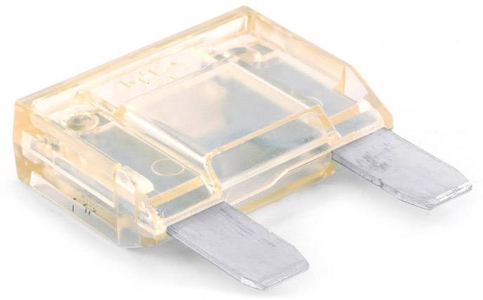 Eine transparente, gelbe Flachsicherung mit zwei Metallkontakten, die häufig in Fahrzeugen oder elektrischen Geräten verwendet wird.