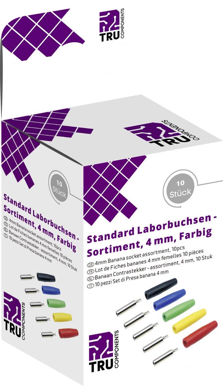 Verpackung eines Sets von 4 mm Laborbuchsen in verschiedenen Farben von TRU Components, 10 Stück.