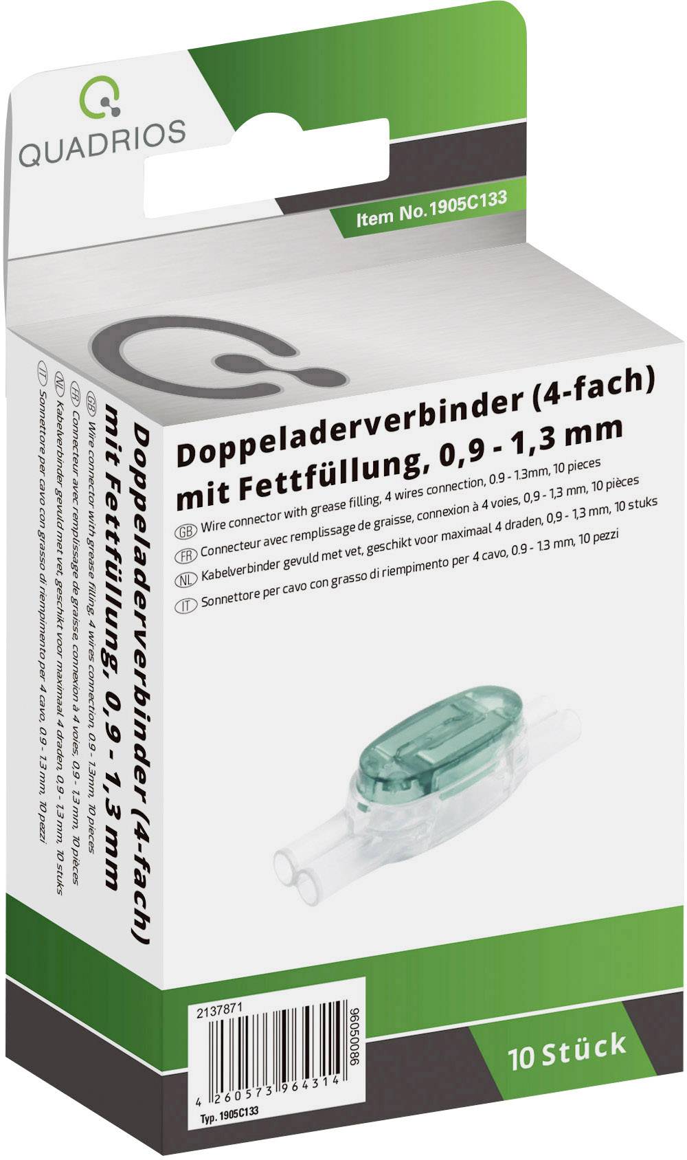 Quadrios 1905C133 Einzeladerverbinder flexibel: 0.90-1.30mm² starr: 0.90-1.30mm² Polzahl: 4 10 St. Grün