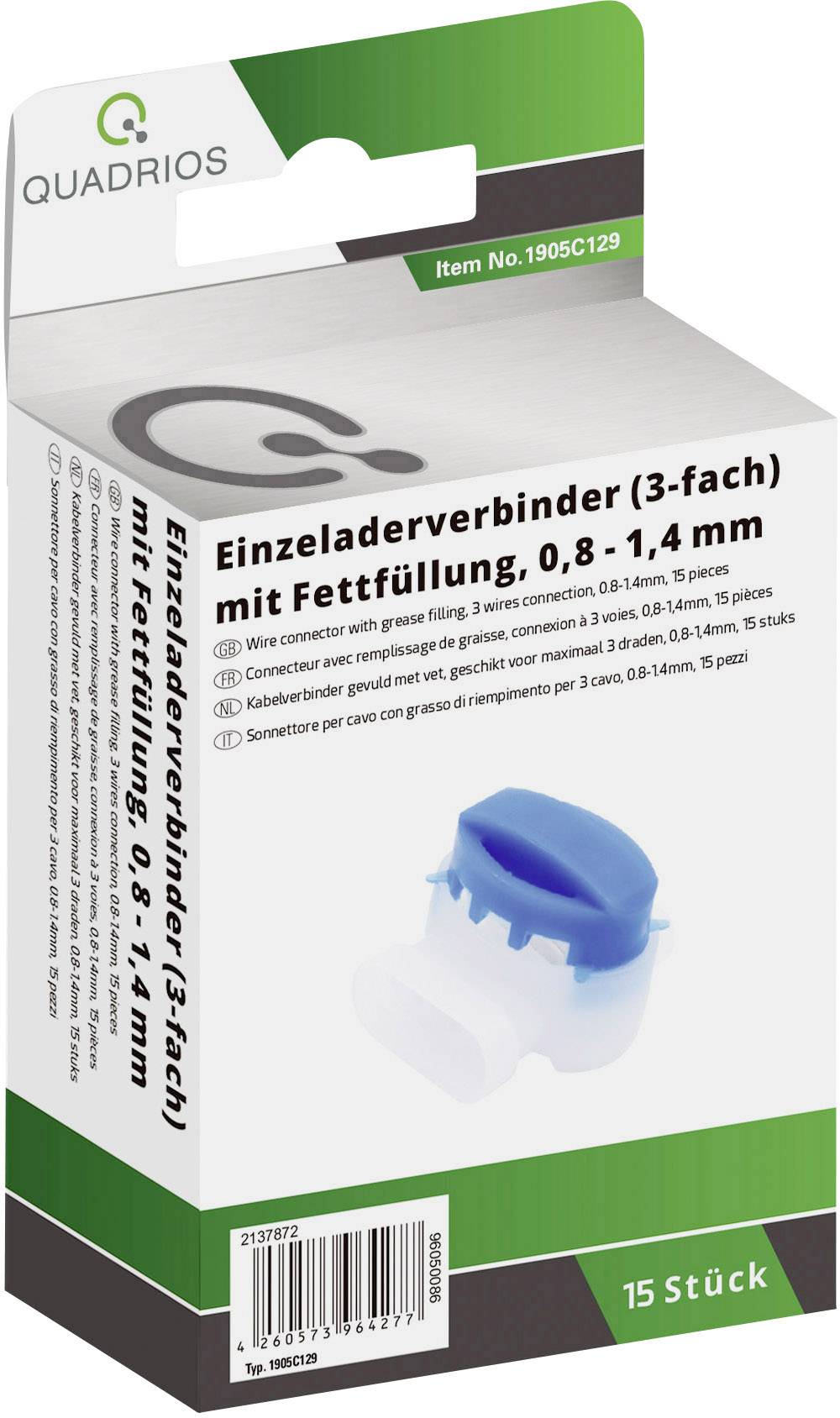 Quadrios 1905C129 Einzeladerverbinder flexibel: 0.5-1.5mm² starr: 0.5-1.5mm² Polzahl: 3 15 St. Blau