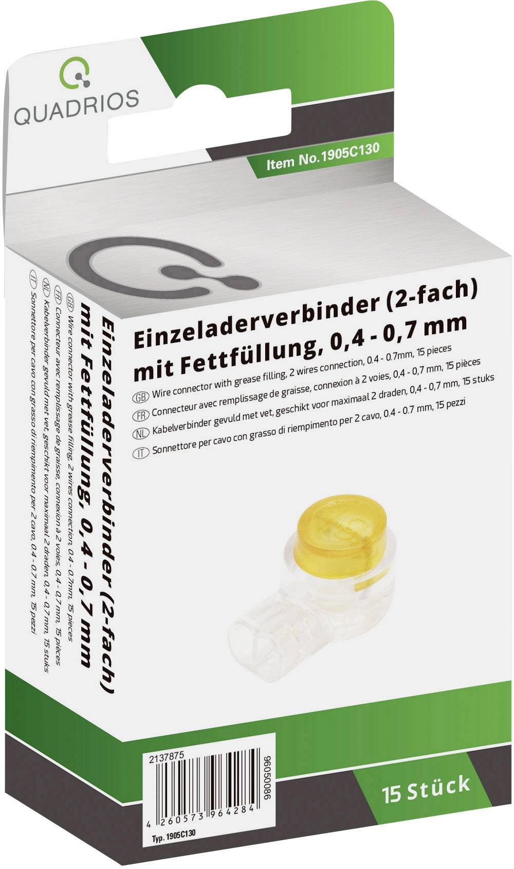 Quadrios 1905C130 Einzeladerverbinder flexibel: 0.13-1.8mm² starr: 0.13-0.33mm² Polzahl: 2 15 St. Gelb