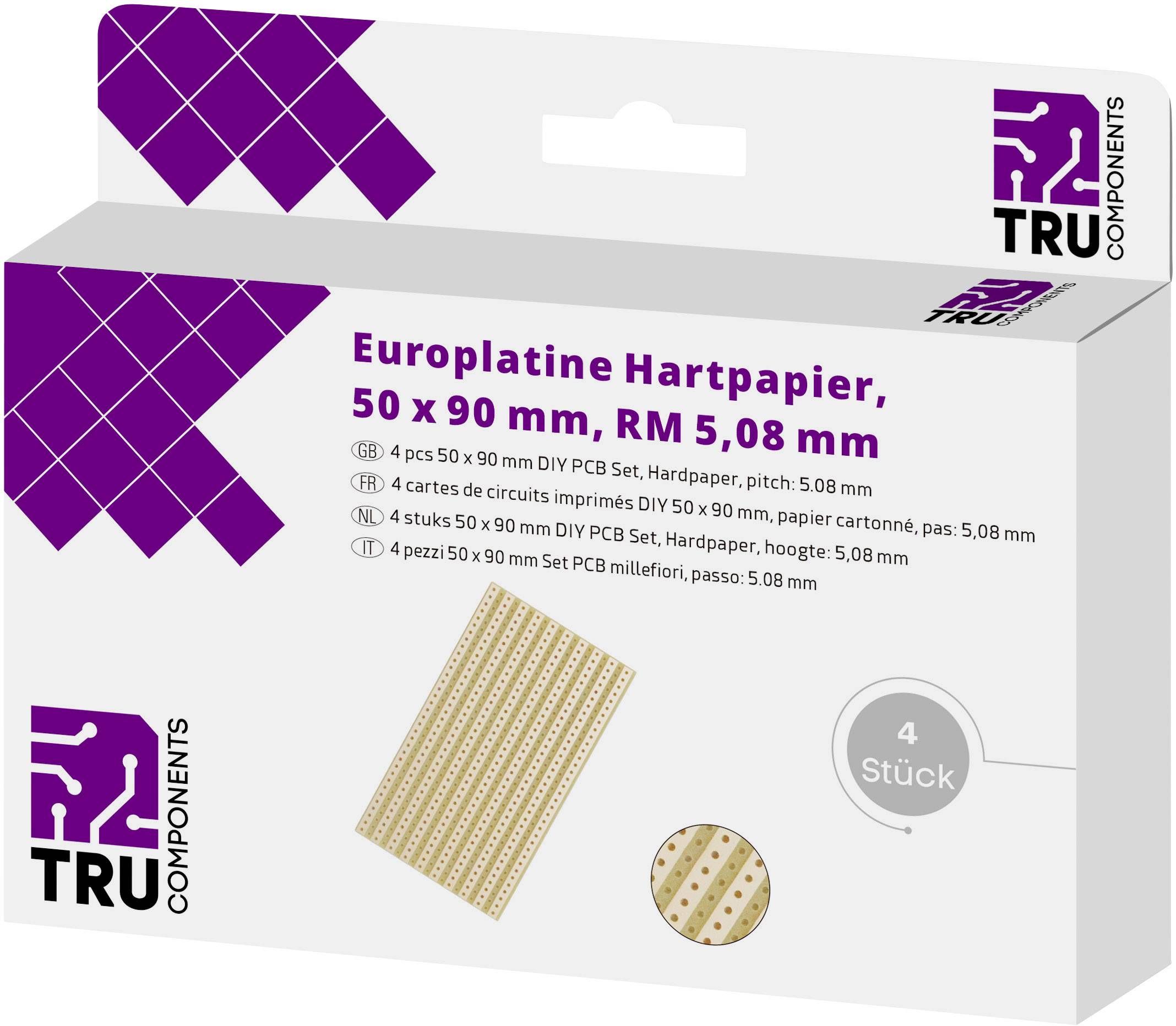 Schachtel mit Europaletten Hartpapier, 50 x 90 mm, Rastermaß 5,08 mm, enthält 4 Stück. Markenlogo 'TRU Components' oben links.