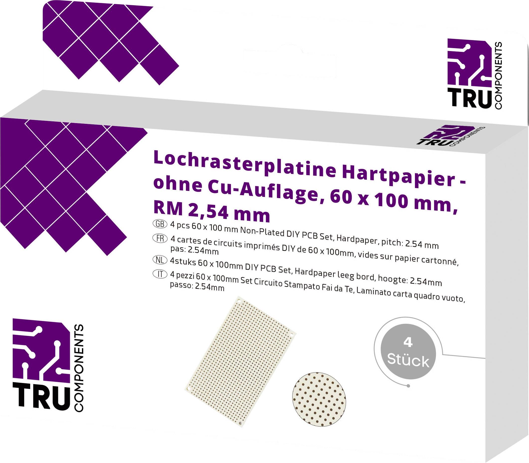 TRU COMPONENTS Europlatine ohne Cu-Auflage Hartpapier (L x B) 100mm x 60mm 35µm Rastermaß 2.54mm Inhalt 4St.
