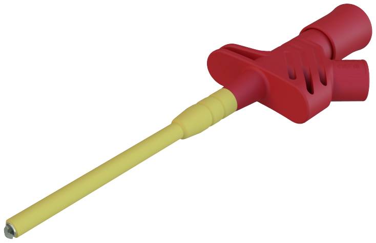 Ein rotes und gelbes Werkzeug mit einem langen Griff und einer schmalen Spitze, möglicherweise ein Handwerkzeug für spezielle Anwendungen.