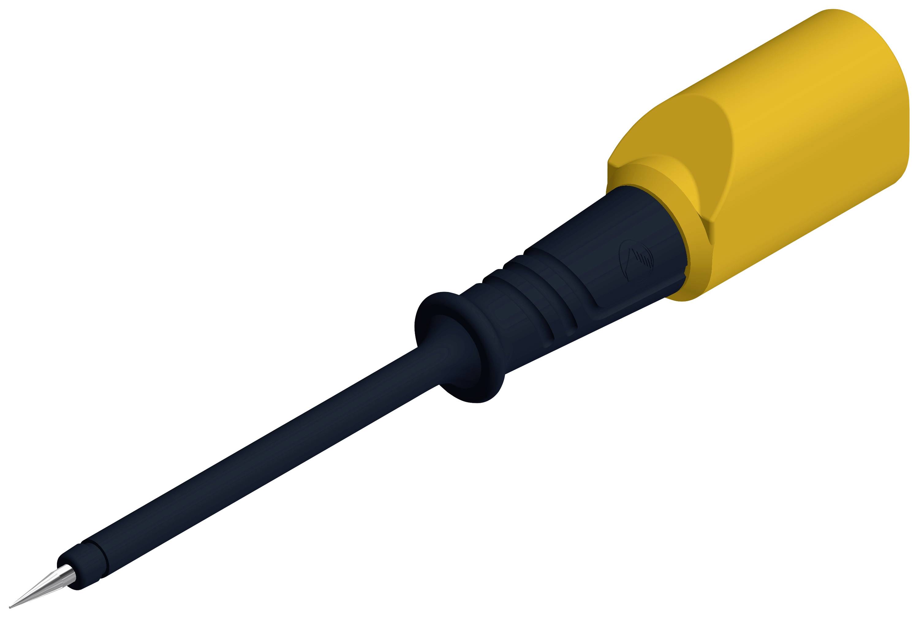 Gelber Griff mit schwarzem, schmalem, spitzem Stab, ähnlich einem Werkzeug oder Testgerät.