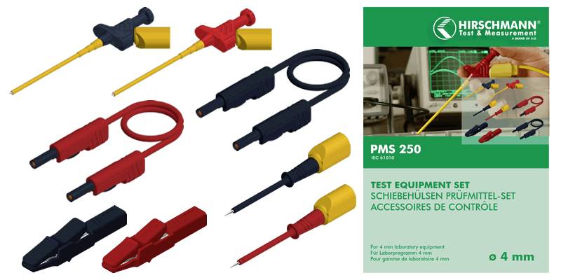 'Testausrüstungsset PMS 250' von Hirschmann mit verschiedenen Prüfspitzen und Adaptern in Rot, Schwarz und Gelb für elektronische Messungen.