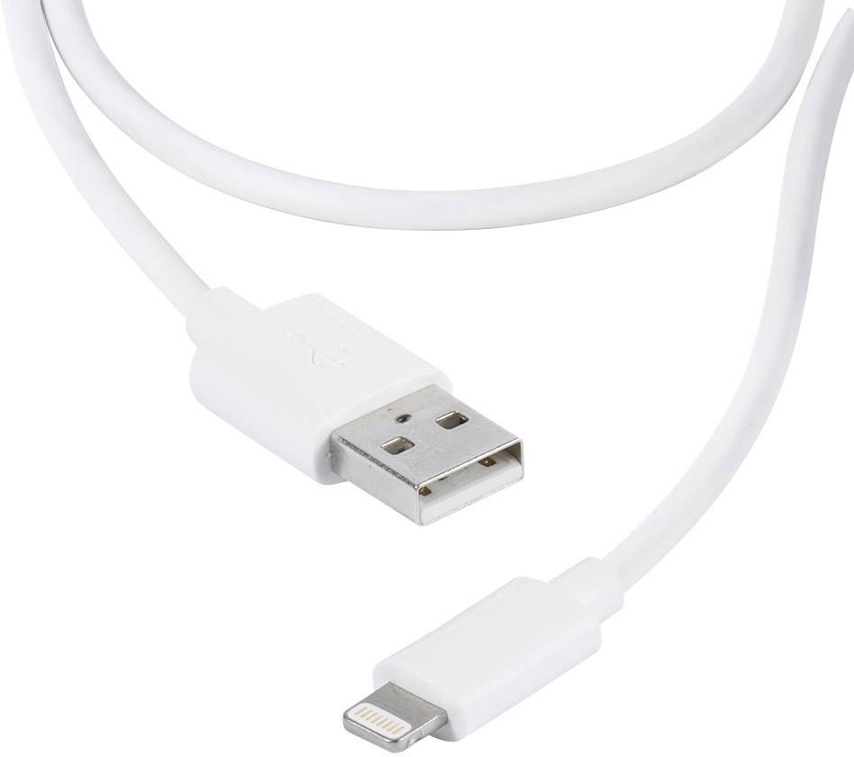 Ein weißes Kabel mit USB-Stecker auf der einen und einem kleinen, rechteckigen Stecker auf der anderen Seite, geeignet für mobile Geräte.