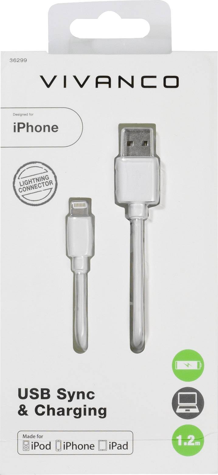 Ladekabel für iPhone abgebildet in der Verpackung. USB-Anschluss, kompatibel mit iPod, iPhone und iPad. Geeignet zum Synchronisieren und Laden.