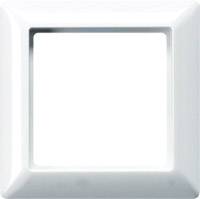 Quadratischer, weißer Lichtschalterrahmen, leer in der Mitte, vor einem weißen Hintergrund.