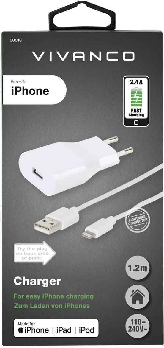 Vivanco USB-Ladekabel USB 2.0 USB-A Stecker, Apple Lightning Stecker 1.20m Weiß beidseitig verwendbarer Stecker 60018