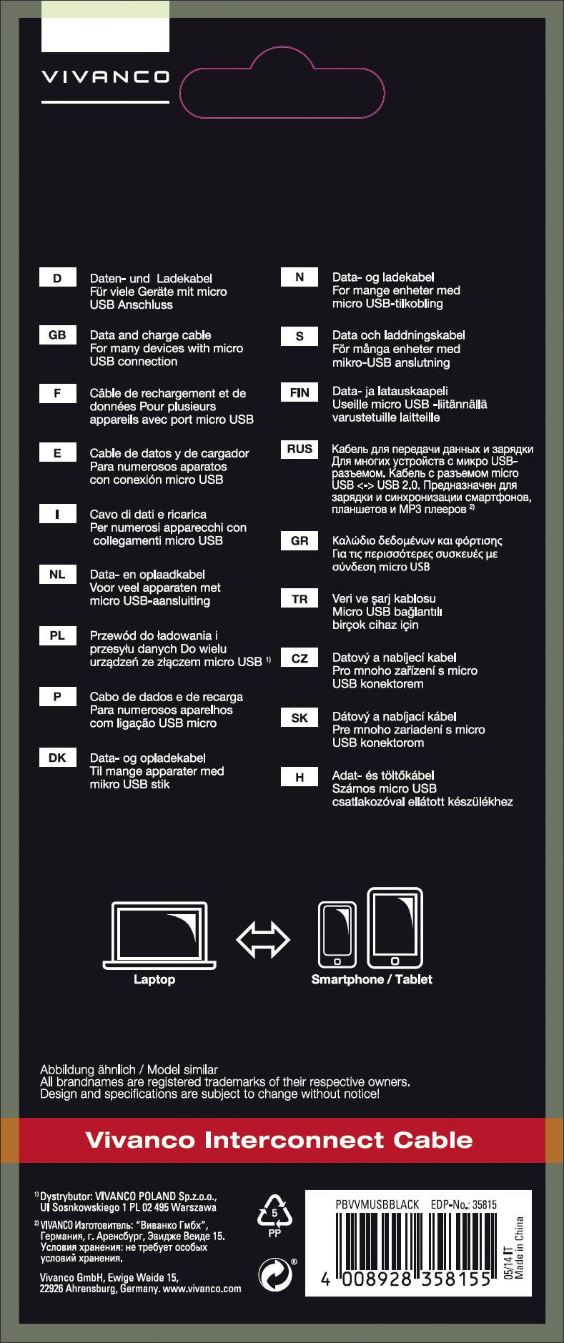 Vivanco USB-Kabel USB 2.0 USB-A Stecker, USB-Micro-B Stecker 1.00 m Schwarz 35815