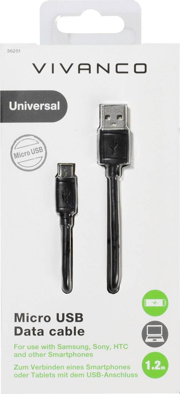 Vivanco USB-Kabel USB 2.0 USB-A Stecker, USB-Micro-B Stecker 1.20 m Schwarz 36251