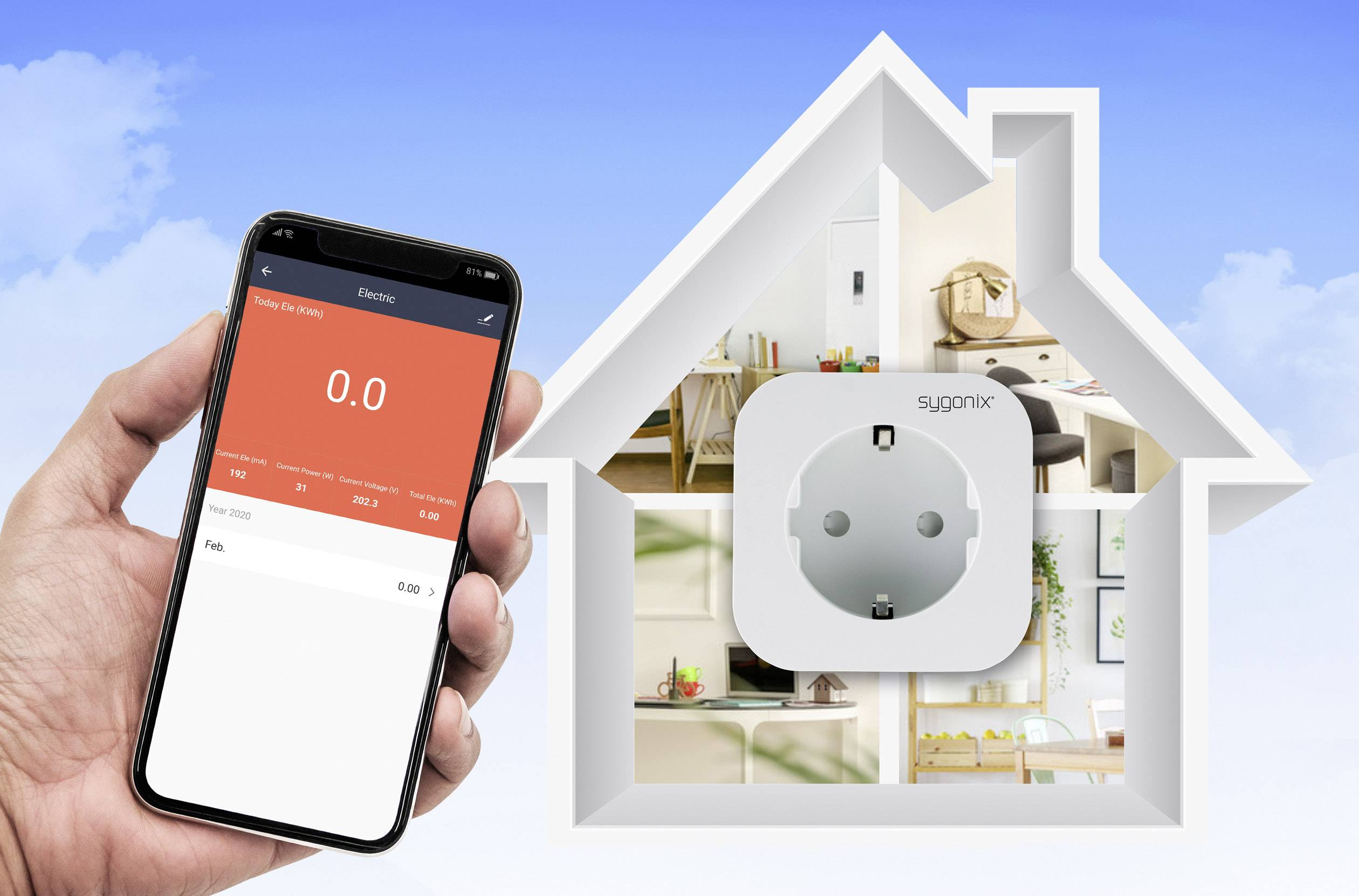 Ein Smartphone zeigt die Stromverbrauchs-App mit '0.0'. Im Hintergrund ein Steckdosenadapter im Hausdesign, symbolisiert Smart-Home-Technologie.