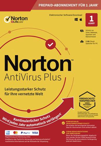 Norton Life Lock ANTIVIRUS PLUS 2GB GE 1 USER 1 DEVICE 12MO Jahreslizenz, 1 Lizenz Antivirus