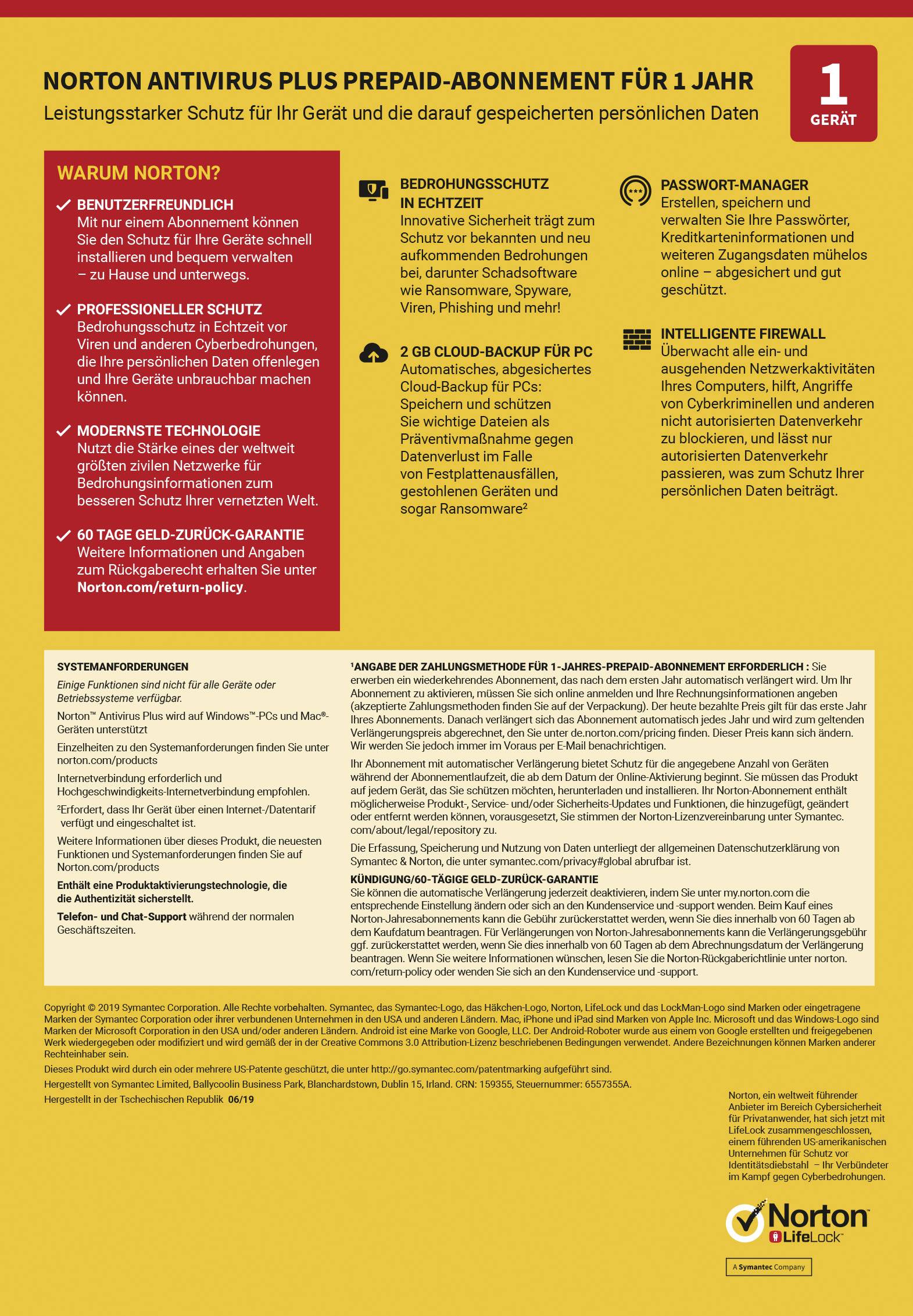 Norton Life Lock Norton™ AntiVirus Plus 2GB GE 1 USER 1 DEVICE 12MO Jahreslizenz, 1 Lizenz Antivirus