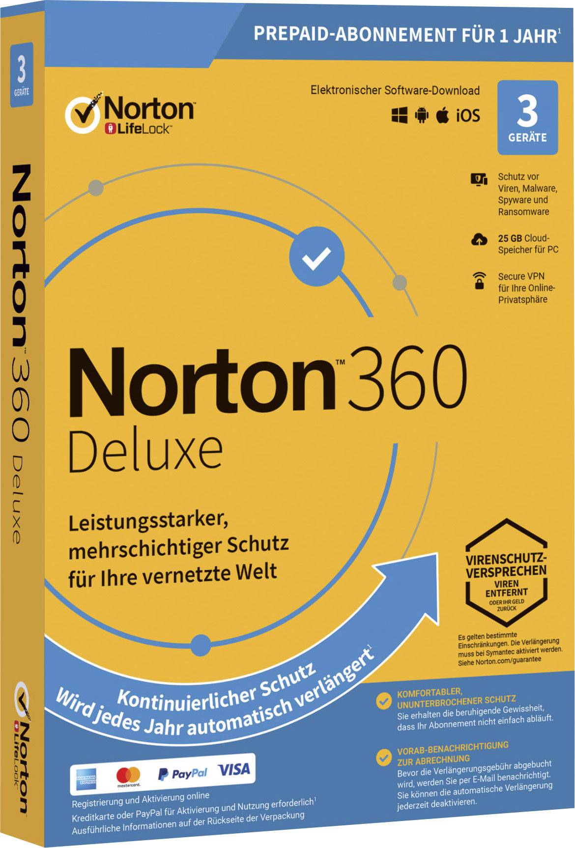 Norton Norton™ 360 Deluxe 25GB GE 1 USER 3 DEVICE 12MO Jahreslizenz, 3 Lizenzen Windows, Mac, Android Antivirus