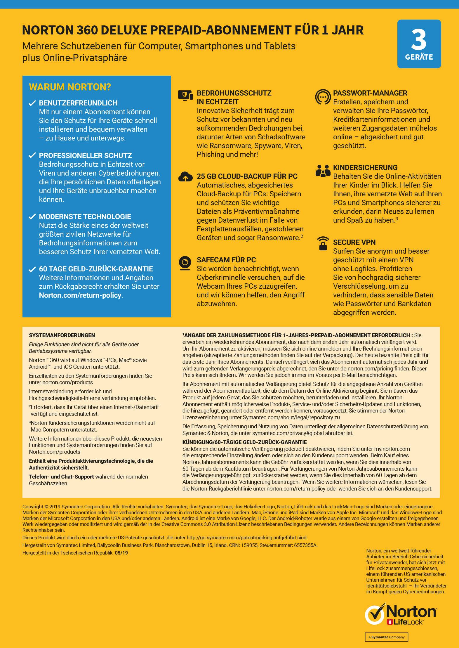 Norton Life Lock Norton™ 360 Deluxe 25GB GE 1 USER 3 DEVICE 12MO Jahreslizenz, 3 Lizenzen Windows, Mac, Android Antivirus