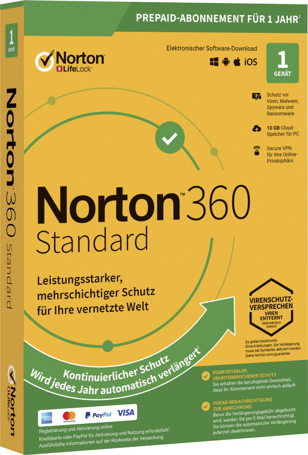 Norton Norton™ 360 Standard 10GB GE 1 USER 1 DEVICE 12MO Jahreslizenz, 1 Lizenz Windows, Mac, Android Antivirus