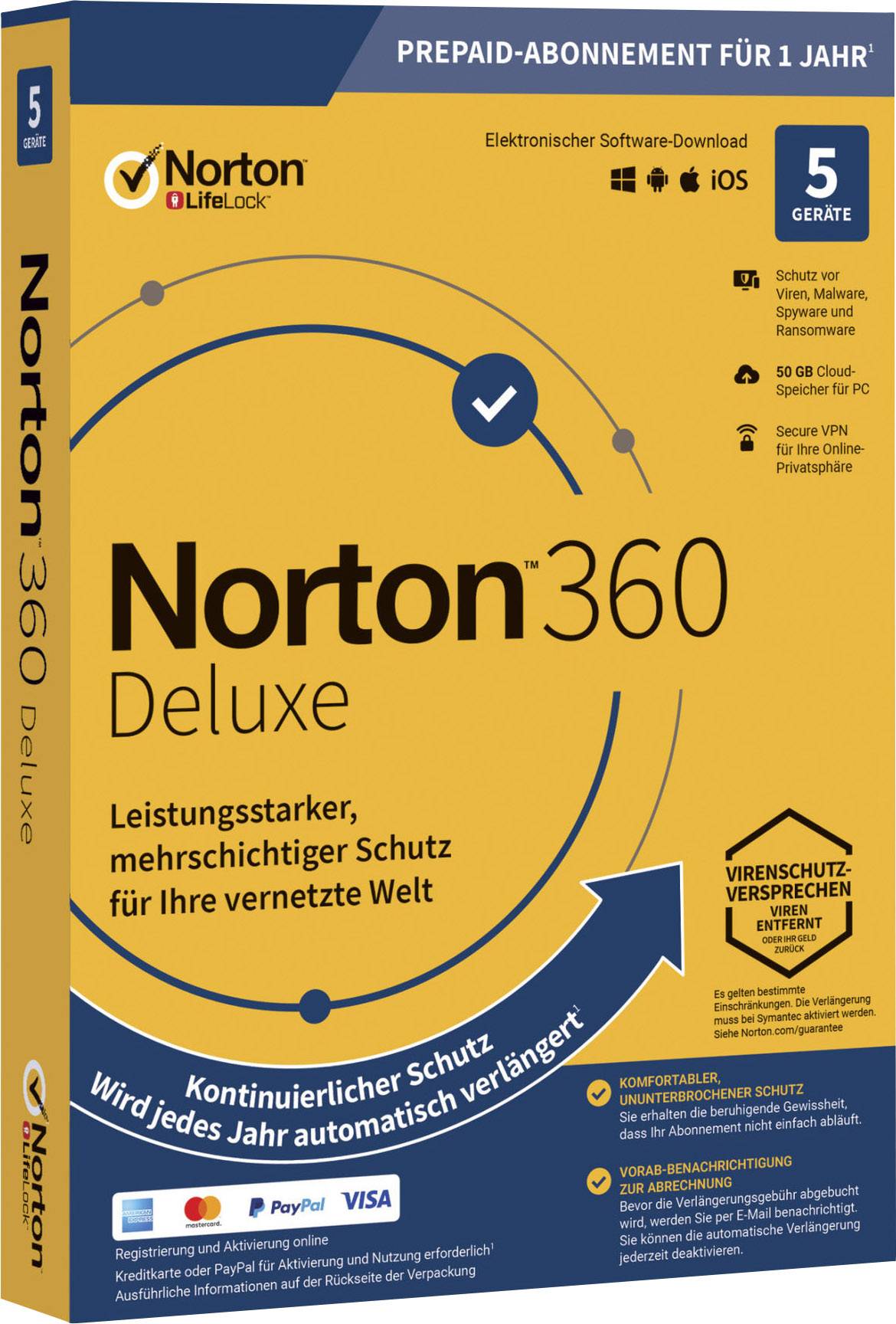 Verpackung von 'Norton 360 Deluxe' für 5 Geräte. Bietet Schutz für digitale Sicherheit mit Jahresabonnement und automatischer Verlängerung.
